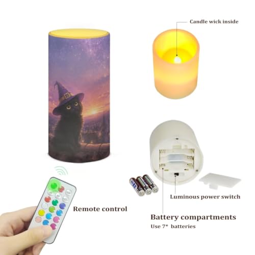 Image of Poceacles Flameless Candle Electric LED Lights with Timer Remote Color Lights, 3 AAA Batteries Operated (Not Include) Tealight for Home Indoor Halloween Decor, Wizard Hat Black Cat Galaxy Violet
