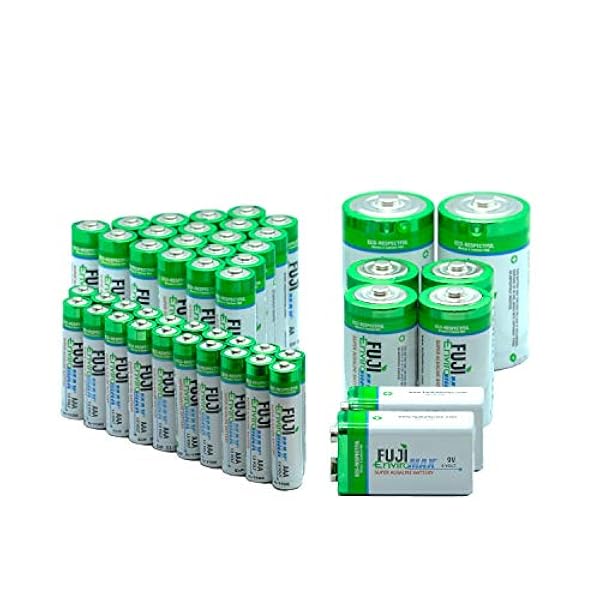 Fuji Enviromax AAA, AA, C, D e 9 V Super alcalino, ecologico, di lunga durata, potente, nessun PVC nocivo o metalli pesanti usati - (48 batterie miste totali)