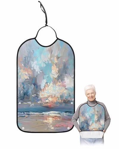 LEOKOTI Blue Gray Coastal Adult Bibs for Eating, Waterproof Bibs with Food Catcher & Adjustable Snap Closure, Oil Painting Modern Abstract Art Washable Clothing Protectors Adult Bibs for Elderly
