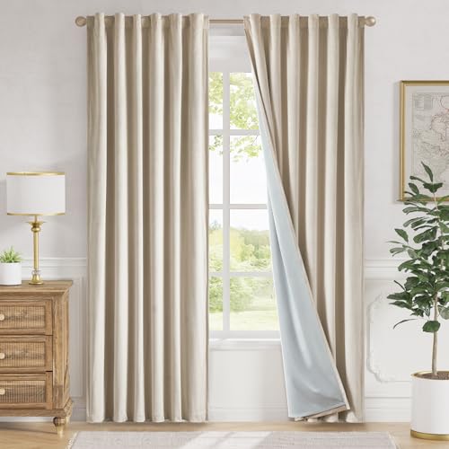 Image of Lazzzy Beige Blackout Velvet Curtains 84 Inch Long Thermal Insulated Room Darkening Lined Curtain Drapes Luxury Back Tab Window Treatments for Bedroom Living Room 2 Panels, 52 x 84 Inch, Cream