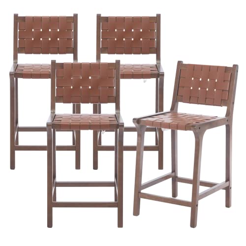 Butacos Modernos de Altura para Barra, Juego de 4 Unidades, Asiento con Cintas Tejidas en Poliuretano y Espalda Abierta, Color Madera Walnut, con Reposapiés, para Barra, Comedor o Isla de Cocina, Marrón miniatura 1