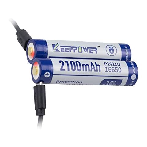 Keeppower Protected 16650 Li-ion Battery P1621U USB Rechargeable 3.6V 2100mAh 7.56Wh Flashlight Battery Included with a 2-in-1 Charging Cable (2 Pack) Cover