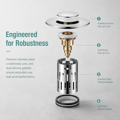 Image of Stainless Steel Bathroom Sink Stopper - Universal Pop-up Drain Stopper with Hair Catcher, Anti-Clog Sink Drain Strainer for Bathroom, Kitchen, RV