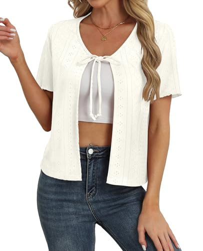 Image of Womens Tie Front Cardigan Lightweight Short Sleeve Cardigans for Women Trendy Open Front