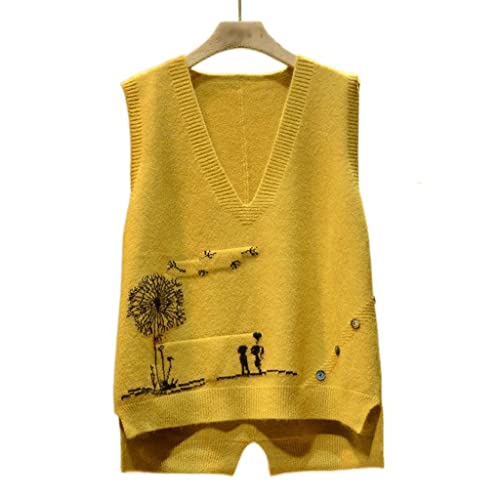 Tjlss Embroidered V-Neck Knit Sweater Tank Top Women's Sleeveless Bottoming Pullover (Color : Yellow, Size : One Size) #TOP23