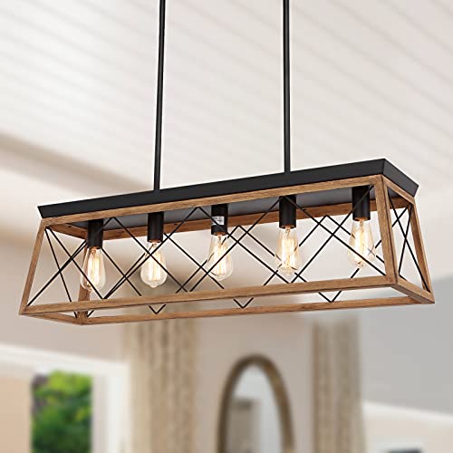 GZBEINI 5 Lights Farmhouse Lights Fixture, Dining Room Lighting Fixtures Hanging Rustic Chandelier Pendant Lighting for Kitchen Island Matte Black with Wood Finish Finish