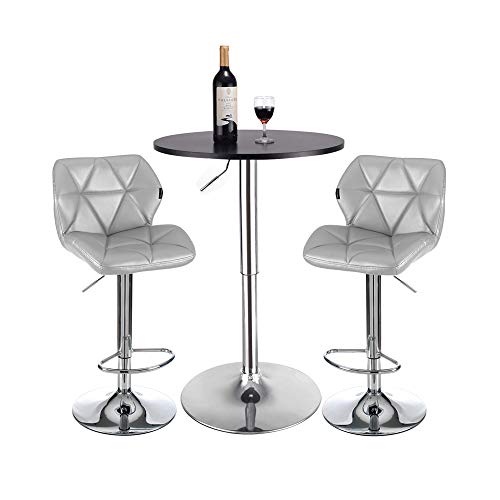 Bar Table Stool Set Of 3 – Adjustable Round Table Black And 2 Swivel Pub Stools Flannel Fabric For Home Kitchen Bistro, Bars Wine Cabinets Grey Height Adjustable Back Tuffled Cushion Breathable(Set 9) #TOP22