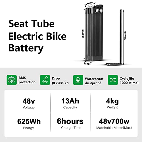 Image of Yose Power Ebike Battery 48V 13Ah Silver Fish Pedelec for Max 700W Motor, Electric Bicycle Lithium-Ion Battery, USB Output, Safe Lock, Led Indicator Light, with Base and Charger