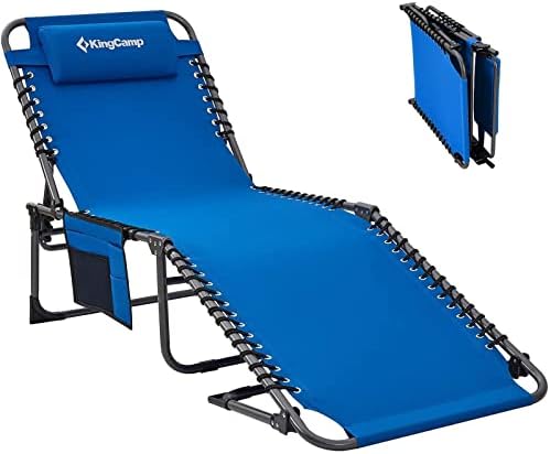 KingCamp Adjustable 5-Position Heavy Duty Folding Chaise Lounge Chair with Pillow Pocket, Lightweight Portable Great for Outdoor, Poolside, Beach, Lawn, Patio, Camping, Lakeside, Blue