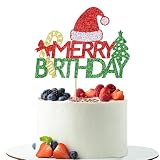 Glitter Merry Birthday Cake Topper Red & Green Merry Christmas Happy Holiday Cake Decoration，Winter Festival Xmas Themed Kids Adults Birthday Party Decorations Supplies