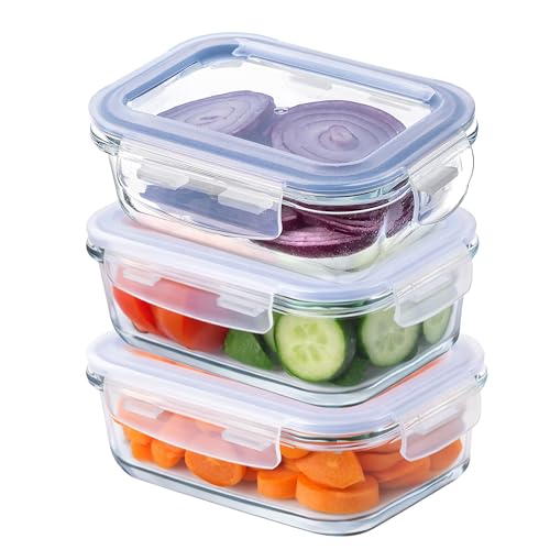 KADAX Glasbehälter 370 ml mit Deckel, 3er Set, rechteckige Frischhaltedosen aus Glas für Heißluftfritteuse… – Ansicht 1