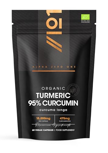 Organic Curcumin 95% with Black Pepper 475mg Curcuminoids 60 Vegan Capsules High Strength Turmeric Supplement 2 Months Supply by Alpha01