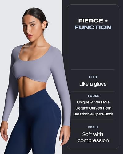 Image of Aoxjox Women's Define Sculpt Long Sleeve Crop Tops | buttery soft fabric,curved hem,hollow back, low support, removable pads, workouts,yoga,gym, daily wear