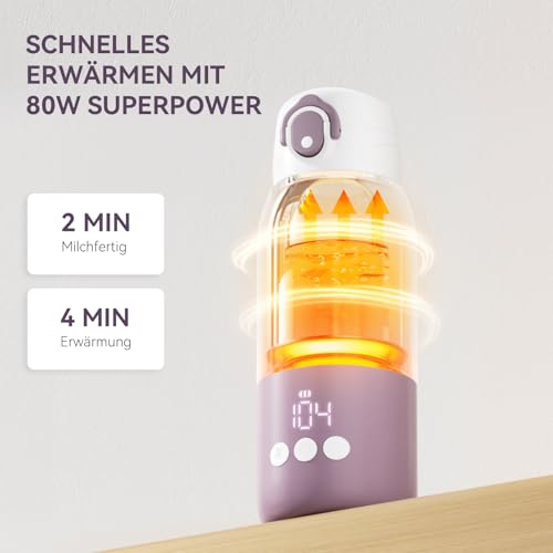 Tragbarer Flaschenwärmer unterwegs für Baby,Schnelles Aufheizen und Lange Akkulaufzeit 12000mAh, Zwei Heizmodi für Muttermilch und Wasser, 340ml Kapazität, für Auto-und Flugzeugreisen