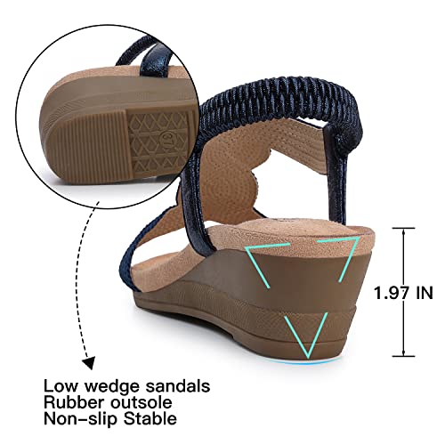 Shibever Womens Wedge Sandals Elastic Ankle Strap Slip On Sandals Rhinestone Summer Platform Low Heeled Shoes Darkblue 10.5 #TOP5