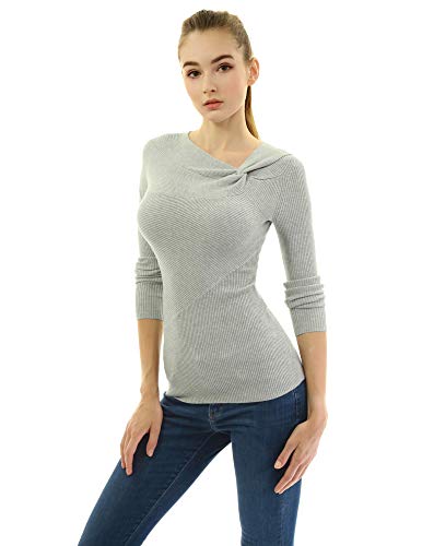 Amélieboutik Women Asymmetric Twist Knot Neckline Ribbed Sweater (Light Gray Medium) #TOP1