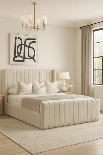 Innovative Wiing Panel Plush Velvet Bed Frame | UK Handmade Royal Design | Optional Gas Lift Storage & Mattress (Cream Plush Double 4ft6 Bed Frame)
