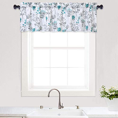 Haperlare Valance for Bathroom, Leaf Flower PrintedÂ Valance Curtains for Windows, Floral Print Rod Pocket Kitchen Valance Curtain Cafe Curtains, 54" x 15", Teal/Grey, One Panel