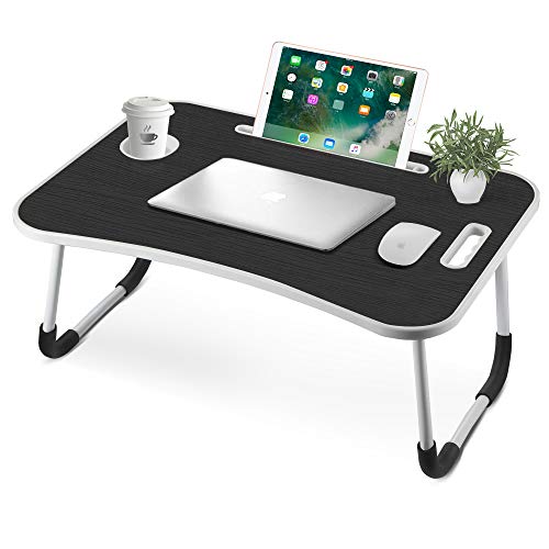 VANSPACE Bed Table, Foldable Lap Desk Portable Lap Standing Desk Breakfast Tray Small Dormitory Table with Cup Slot, Notebook Stand Reading Holder & Handle for Sofa, Bed, Terrace, Balcony--Black