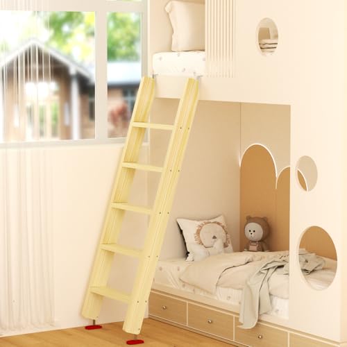 Image of 50 inch 55 inch 60 inch Black Wood Bunk Bed Ladder, Lofted /Dorm /RV Bed Bunkbed Ladders with 4in Extra Wide Steps and Non-Slip Pads, Replacement Wooden Ladder for Motorhome /Camping (Wood Color, 55in /140cm)
