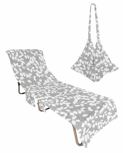 Grey White Botanical Beach Lounge Chair Towel Cover, Soft Chaise Lounge Towel with Side Pockets Patio Pool Chairs Cover for Beach/Pool Sunbathing 29x85 Pastoral Spring Floral Summer Art