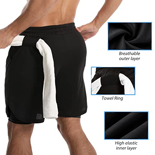Flyevea Mens 2 In 1 Workout Running Shorts Athletic Yoga Gym 7" Short Clothes With Side Pockets Quick Dry Lightweight Training Shorts,Black Large #TOP3