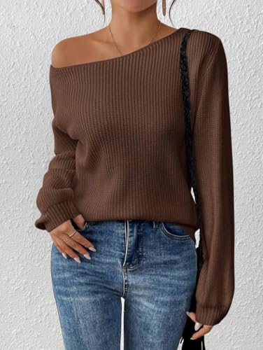 SKAYS Womens Off The Shoulder Sweater Asymmetrical Neck Fall Ribbed Knit Long Sleeve Pullover Sweaters Lightweight Top4