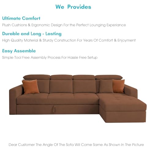 Image of Casaliving Gagnon 6 Seater RHS L Shape Corner Sofa Cum Bed for Living Room Premium Fabric Sofa (Brown) Sofa Set