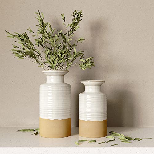 Barnyard Designs Stoneware Vase Set, Farmhouse Ceramic Vases Home Decor, Neutral Home Decor For Shelves, Pottery Decorative Vases For Home Decor Farmhouse, White Vases, Ivory/Tan, Set Of 2, 9.25"/7.5" #TOP1