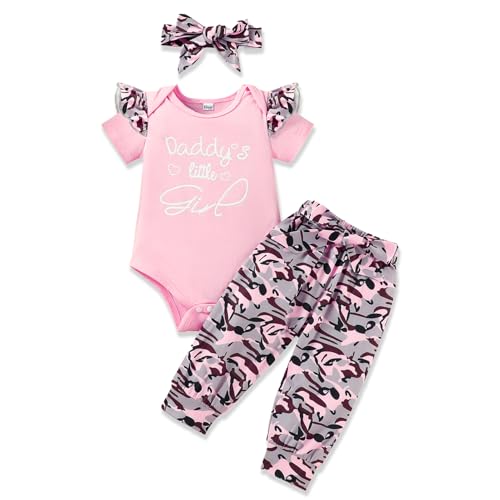Image of FAMIHAO Baby Girl Clothes Set Daddys Printed Ruffle Romper Top Floral Pants Newborn Infant Girl Clothing Outfit