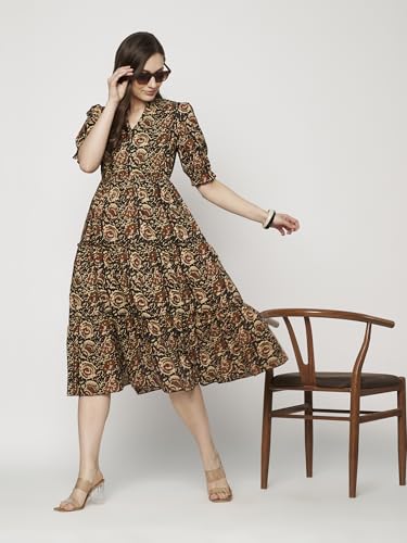 Image of Women's Floral Summer Maxi Dress I Cotton Printed I One Piece Bodycon Midi Dress with V-Neck, Puffed Sleeves