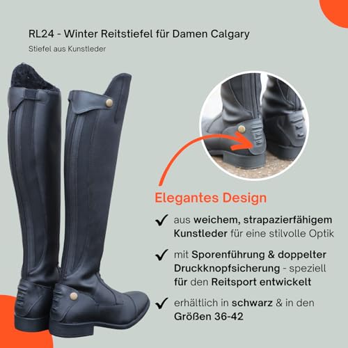 Foto von RL24 - Winter Reitstiefel für Damen Calgary – warme Damenstiefel zum Reiten – Stiefel aus Kunstleder mit Teddyfell & Reißverschluss – Winterstiefel in schwarz – Gr. 38 eng