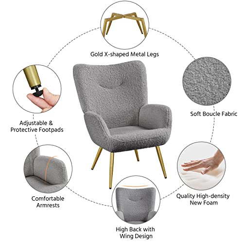 Yaheetech Boucle Fabric Accent Chair, Sherpa Furry Casual Chair With High Back And Soft Padded Suitable For Winter, Modern Fuzzy Sherpa Chair, Cozy Armchair For Living Room Bedroom Study, Gray #TOP3