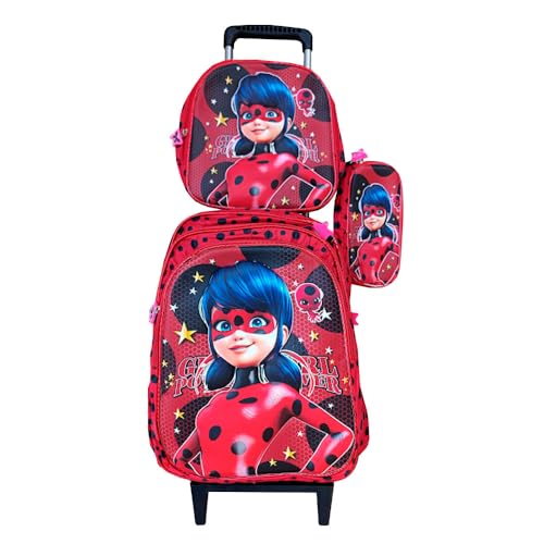 Kit Mochila Infantil Feminina Lady Bug com Rodinhas + Lancheira Térmica + Estojo Escolar Infantil em Alto Relevo
