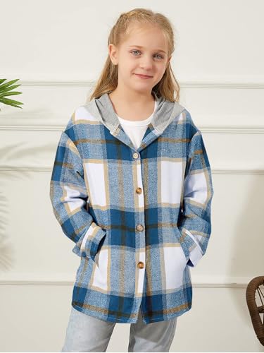 Image of Girls Cute Flannel Plaid Button Down Top with Pockets Long Sleeve Hooded Jacket