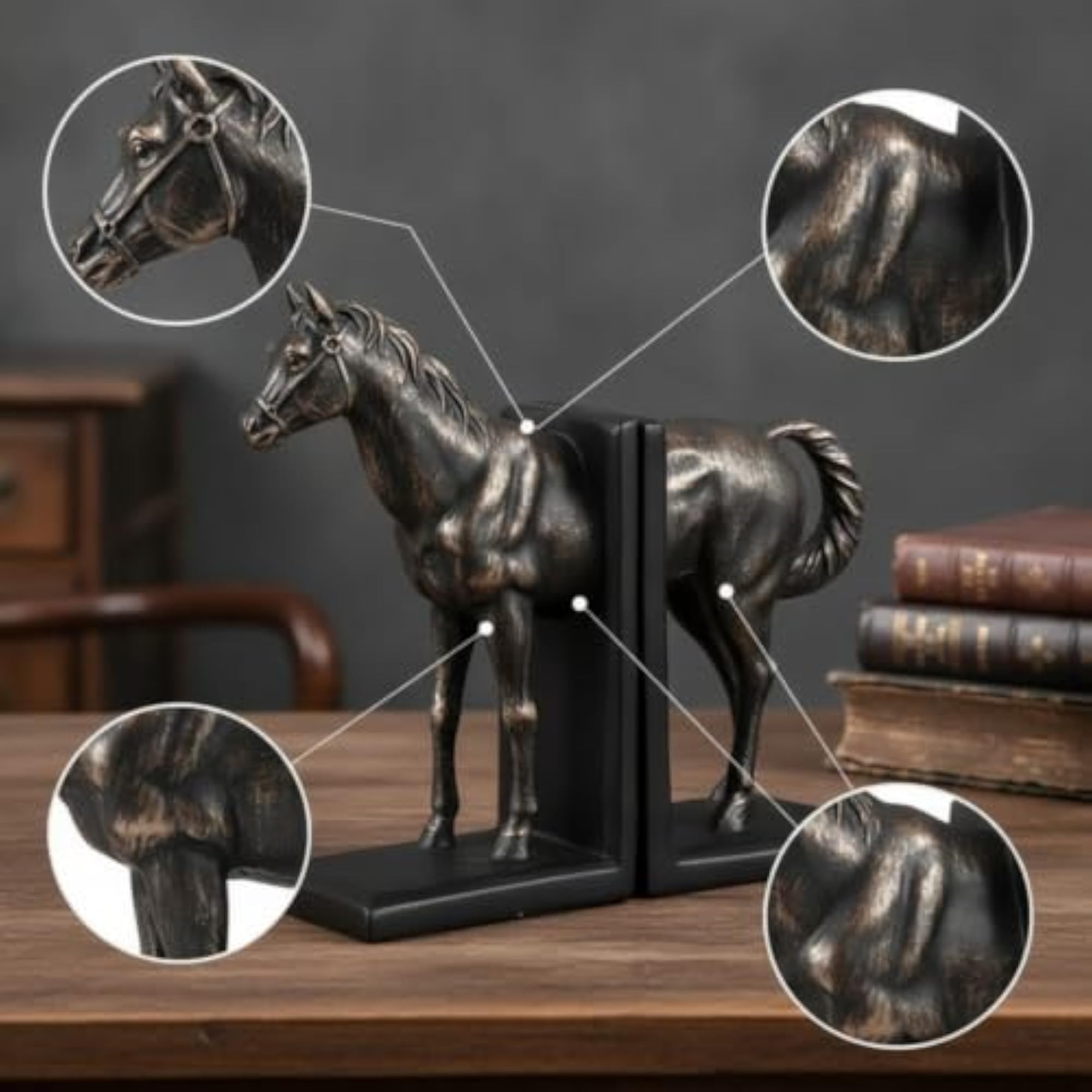 Mirrored Horse Bookends Sculpted Bookends with Rectangular Base