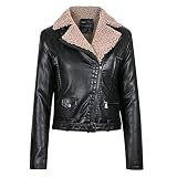 Frauen Lederjacke, Mode-Trend Klassische Herbst Frühling Schwarz Faux Lamm Wolle Warme Dicke Punk Reißverschluss Mit Gürtel Leder Biker Moto Jacke, Bequeme Weiche Pu Faxu Leder, Retro Weibliche Co