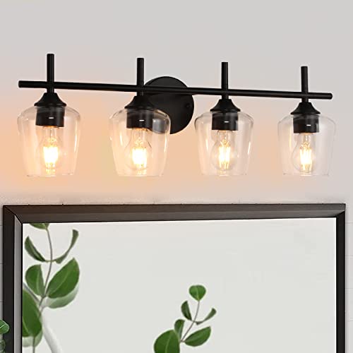Image of foucasal 4-Light Bathroom Light Fixtures, Matte Black Vanity Lights with Clear Glass Shades, Modern Wall Lights for Mirror Kitchen Living Room Hallway Cabinet Porch