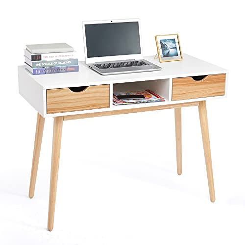 Meerveil - Bureau Informatique - Bureau avec Rangement avec 2 Tiroirs et 1 Compartiment Style Nordique pour Bureau d'Etude et Chambre, 100 x 48 x 75 cm, Blanc et Chêne