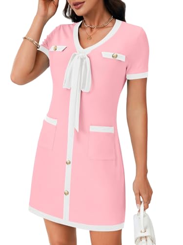 Rooscier Women's Short Sleeve Color Block Dress Button Bow Elegant Formal Work Mini Dress Pink X-Small