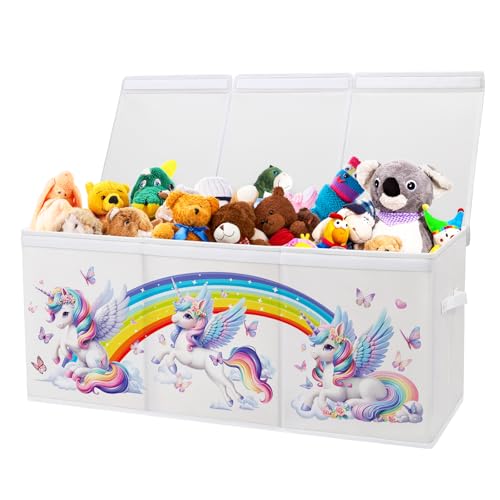 decalsweet Caja de Juguete Extra Grande con Tapa Abatible, Caja Almacenaje Oxford Plegable con Asa para Niños Niñas, Baúl Juguetes y Almacenamiento Impermeable Resistente, 96×32×40 (Unicornio blanco)
