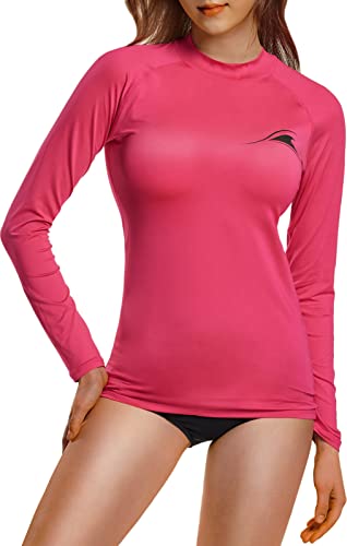 Tsla Women's Upf 50+ Rash Guard Long Sleeve, Uv/Sun Protection Swim Shirts, Water Beach Surf Swim Top, Small Wave Magenta, Small #TOP4