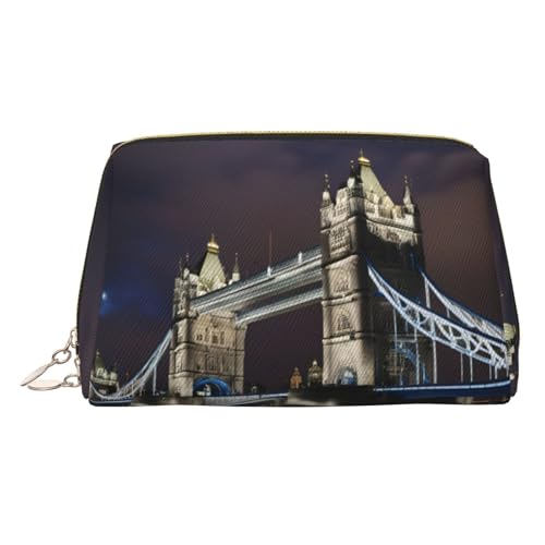 Gold Leather Makeup Bag â€“ Tower Bridge in London Print Travel Cosmetic Bags with Handle, Divider, Zipper, Portable Personal Toiletries, Gold, One Size