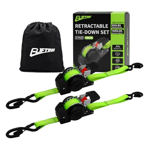 ELIFTING Retractable Ratchet Straps, 1 Inch x 10 Feet, 2-Pack, Green