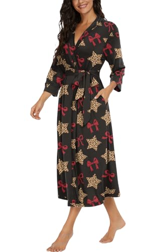 Image of VINTATRE Robes for Women Long Knit Bathrobe XS-4XL | 3 /4 Sleeve Bathrobes with Pockets, Stretchy and Lightweight Fabric, Inner Tie and Fixed Outer Matching Belt, Mid Calf Length