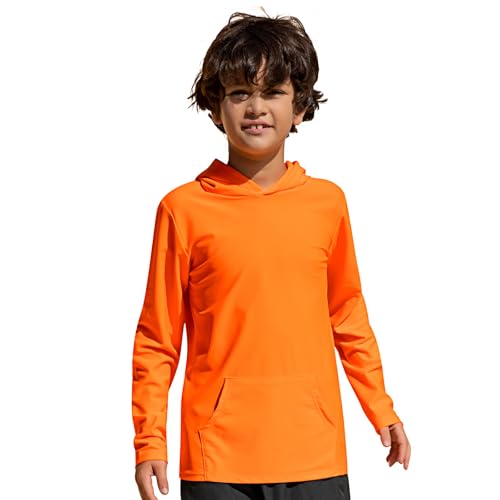 TIZAX Kinder UV Shirt Langarm Jungen Badeshirt Schwimmshirt mit Kapuze Schnelltrocknend UPF 50+ Sonnenschutz Rash Guard T-Shirt mit Tasche Orange 5 Jahre/110