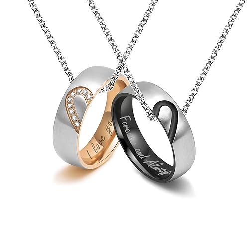 KunBead Jewelry Puzzle Heart Matching Couple Necklace I Love You Forever and Always Ring Necklaces for Him and Her sets for 2