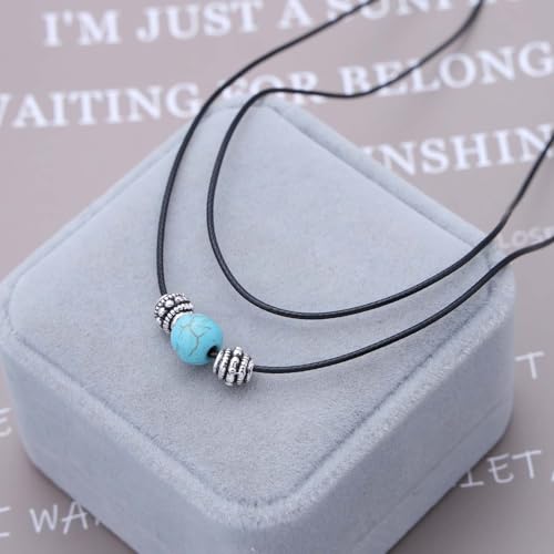 Inilbran Boho Geschichtetes Leder Choker Halskette Schwarzes Leder Cord Choker Halskette Blau Türkis Stein Halskette Vintage Kurzes Schwarzes Halsband Halskette Für Frauen