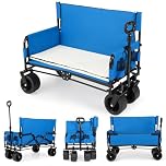 COSTWAY 2-in-1 Wagon Bench Seat Combo, Collapsible Folding Trolley Cart with Adjustable Push/Pull Handle, Cushions & All-Terrain Wheels, Outdoor Transport Pull Along Carts for Camping Shopping (Blue)