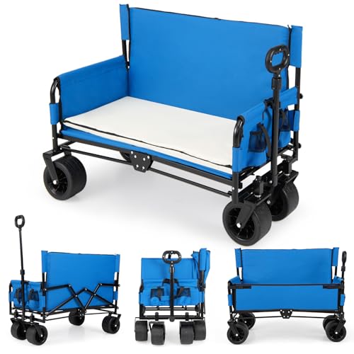 COSTWAY 2-in-1 Wagon Bench Seat Combo Collapsible Folding Trolley Cart with Adjustable Push/Pull Handle Cushions & All-Terrain Wheels Outdoor Transport Pull Along Carts for Camping Shopping (Blue)